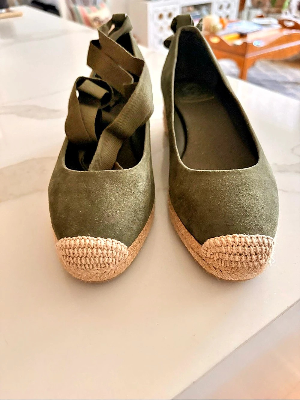 Tory Burch Heather Lace-Up Olive Green Suede Espadrille Wedges